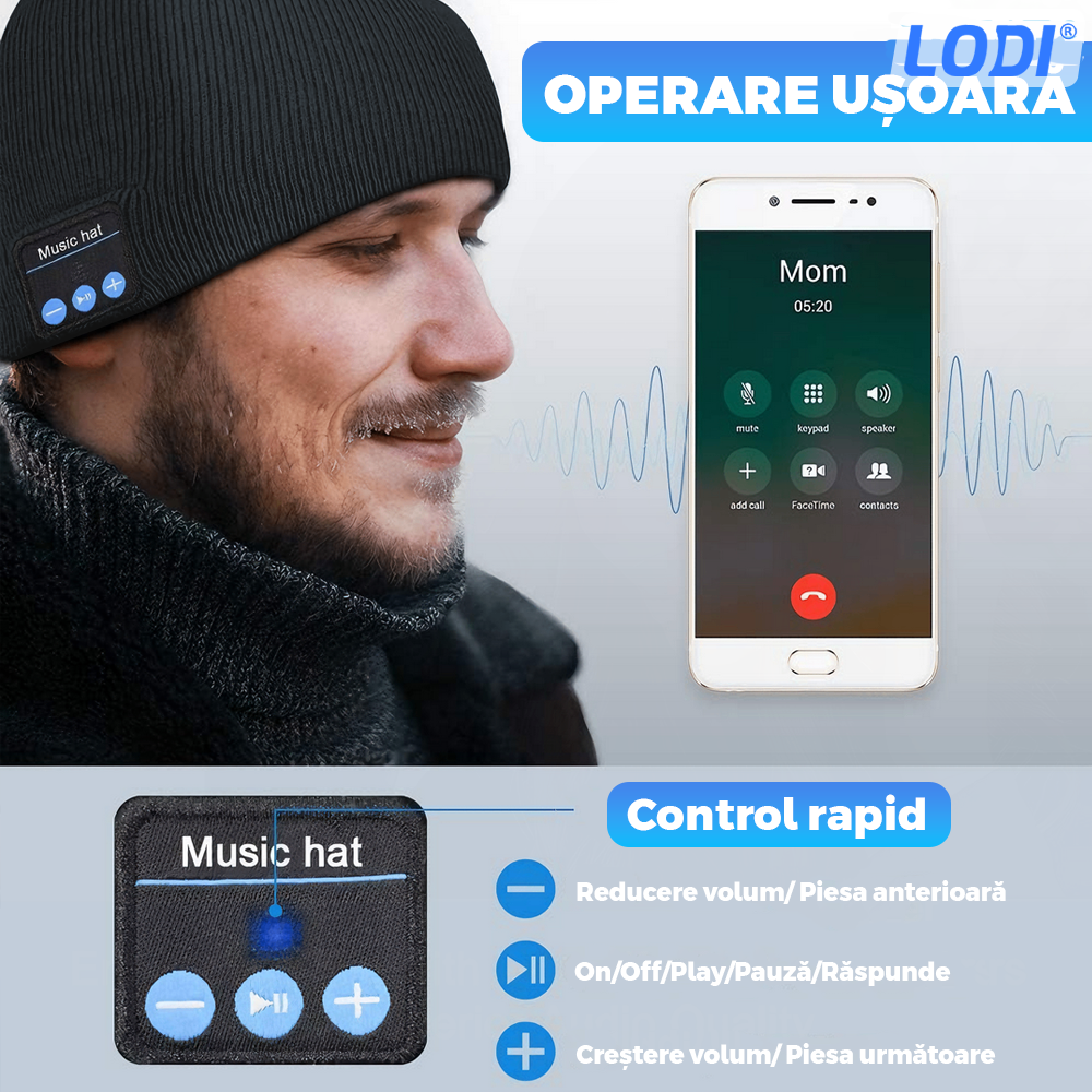 Caciula Bluetooth Unisex Lodi1493, hands-free, microfon, difuzoare stereo incorporate, sistem audio detasabil, curatare usoara, comoda, pentru alergare/drumetii, gri inchis