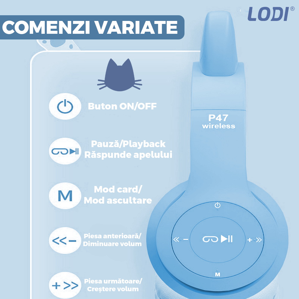 Casti Wireless Model Pisica Lodi955, P47M, overear, urechi de pisica cu iluminare RGB, bluetooth 5.0, handsfree, HiFi, bass stereo, albastru deschis