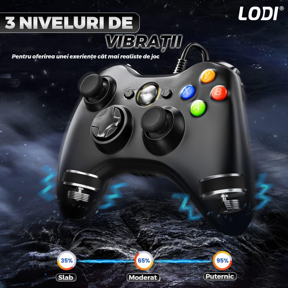 Controller de Joc cu Fir Lodi1425, compatibil cu Xbox 360/Slim/PC Windows 7/8/10, vibrații duble turbo cu 3 intensități, sensitivitate ridicată, cablu cu lungime de 2.5 m, negru