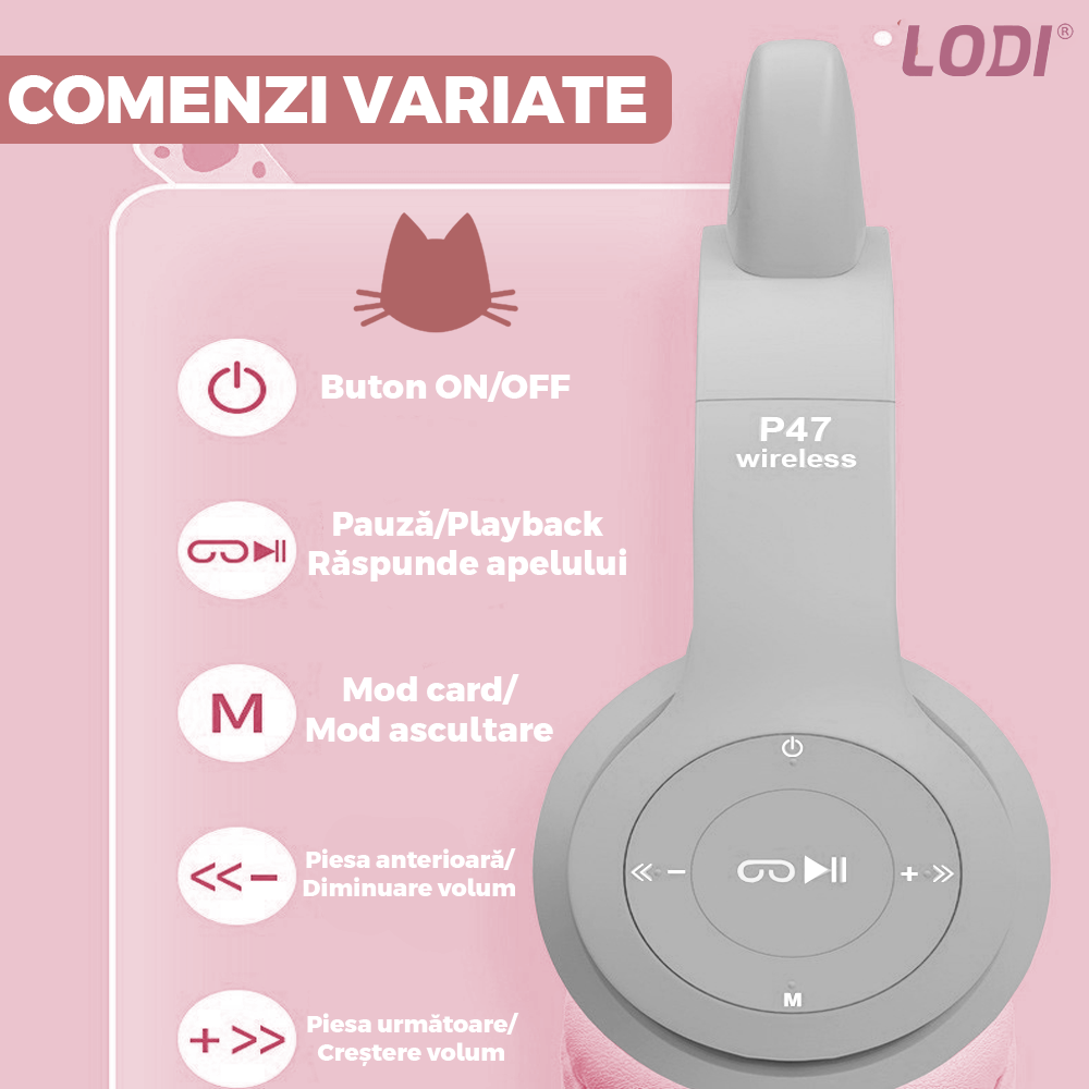 Casti Wireless Model Pisica Lodi953, P47M, overear, urechi de pisica cu iluminare RGB, bluetooth 5.0, handsfree, HiFi, bass stereo, gri/roz