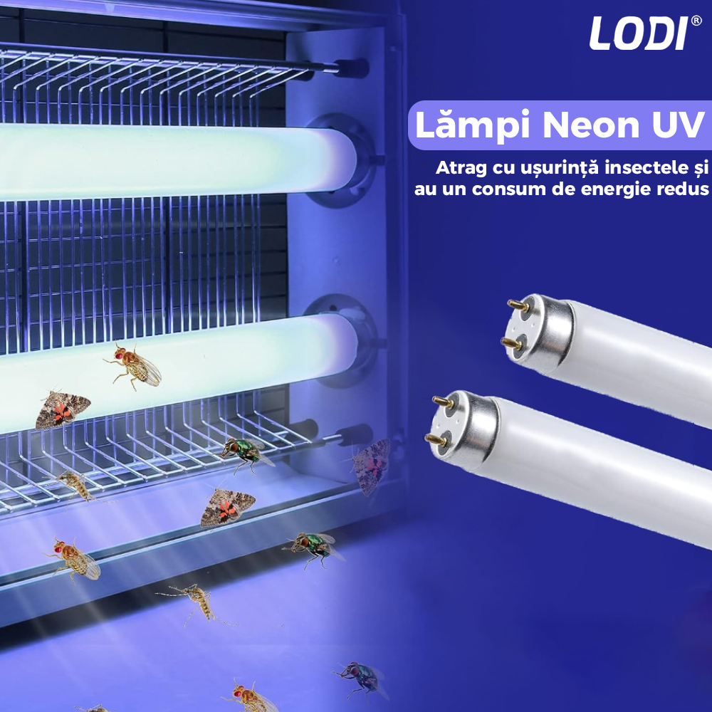 Aparat Electric Anti-Insecte Lodi223, 6W, Insectocutor cu 2x tuburi ultraviolete, raza de actiune 200 m², unghi de propagare 360º, design modern, alb
