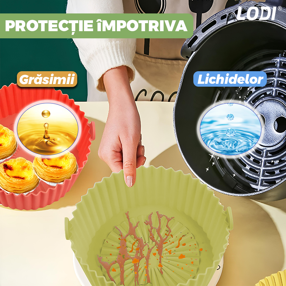 Tava de Copt Rotunda Lodi1309, pentru friteuza/cuptor/microunde, antiaderenta, rezistenta la temperaturi inalte, 21 x 17 cm, verde