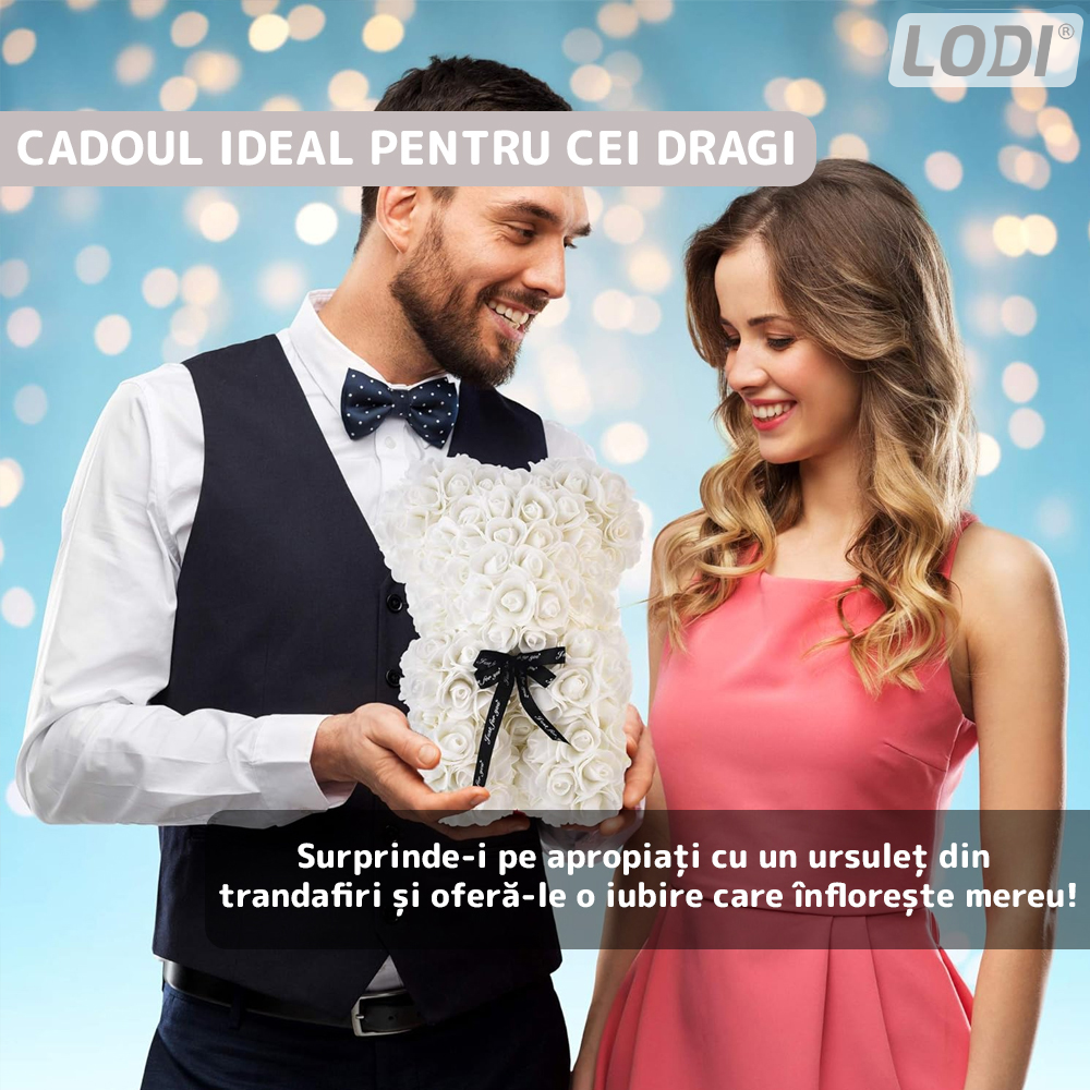 Ursulet din Trandafiri de Spuma Lodi333, floral alb, handmade, cutie transparenta, 25 cm