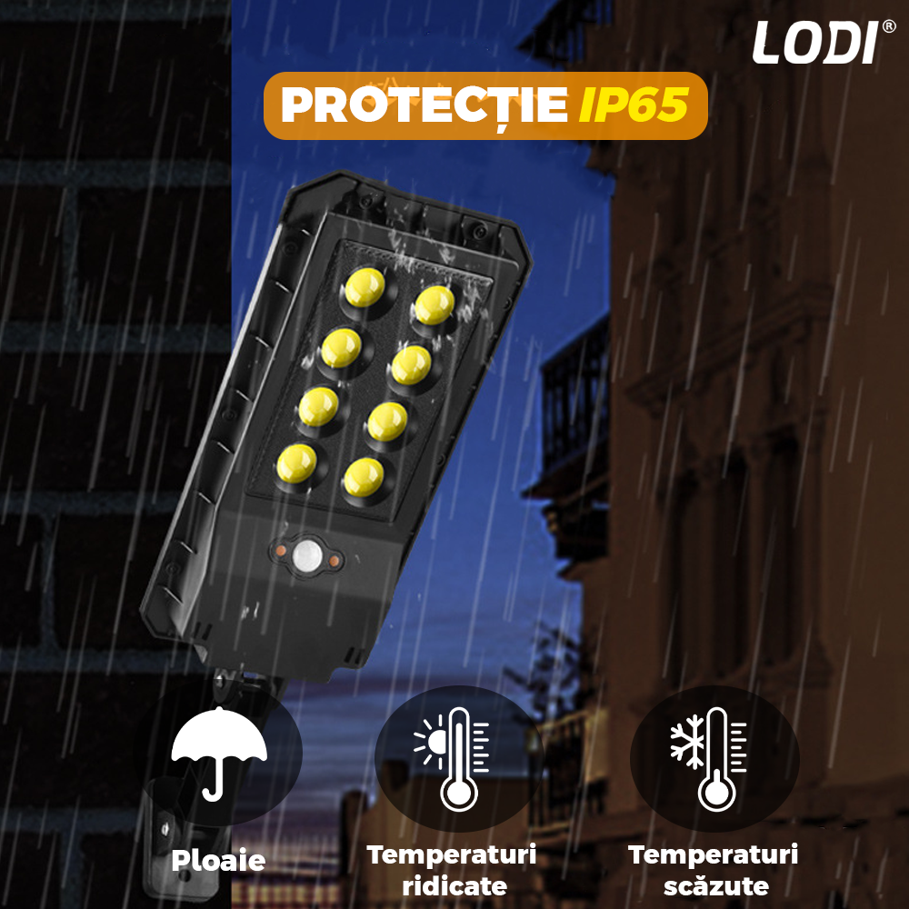 Lampa Solara Stradala 8 LED-uri Lodi865, tip bec, control prin telecomanda, senzor de miscare, 3 moduri de iluminare, protectie IP65, Waterproof, exterior, negru