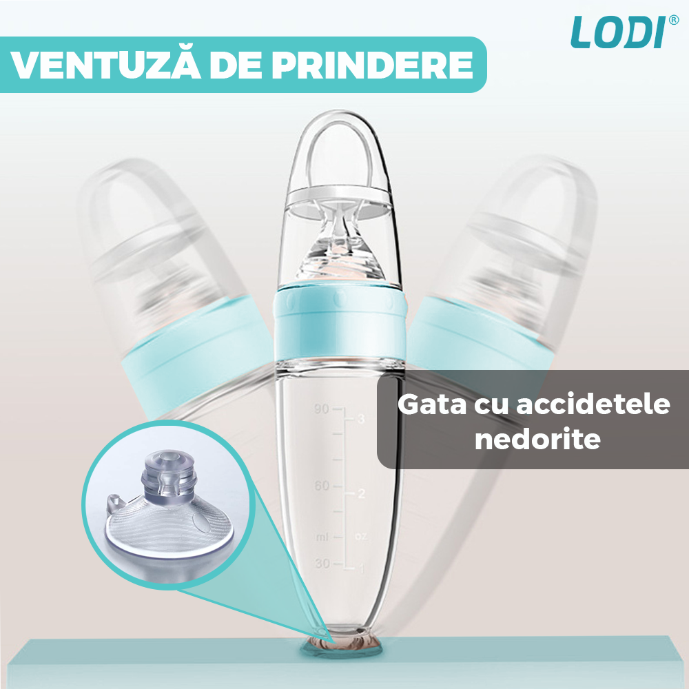 Lingurita de Silicon cu Rezervor Lodi418, polipropilena, fara BPA, termorezistenta, portabila, recipient gradat, 20.3 cm, albastru