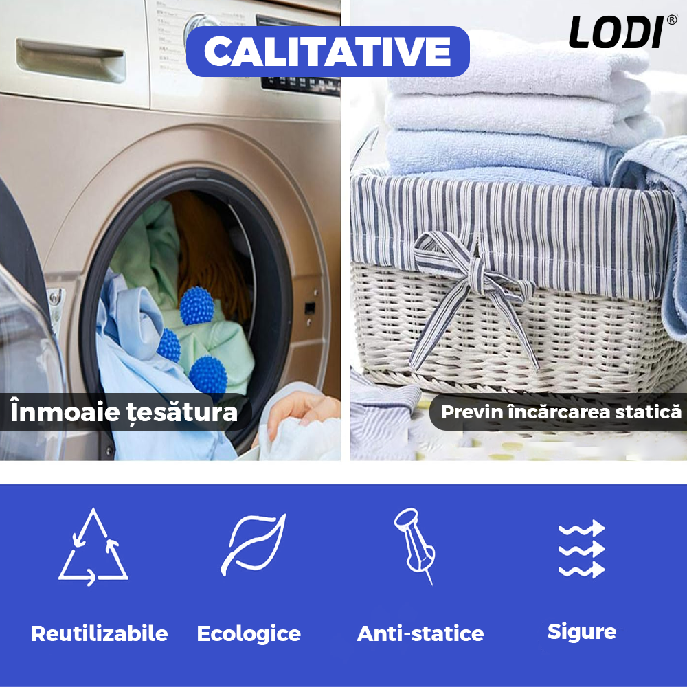 Set 4 Bile pentru Masina de Spalat si Uscator Lodi657, reduc timpul de uscare al hainelor, ajuta impotriva sifonarii si incurcarii hainelor, previn incarcarea statica, compacte, reutilizabile, albastru