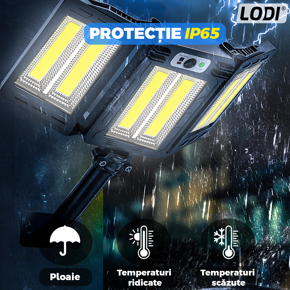 Lampa Solara Stradala 6 LED-uri Lodi874, 3 capete, control prin telecomanda, senzor de miscare, 3 moduri de iluminare, protectie IP65, Waterproof, exterior, negru