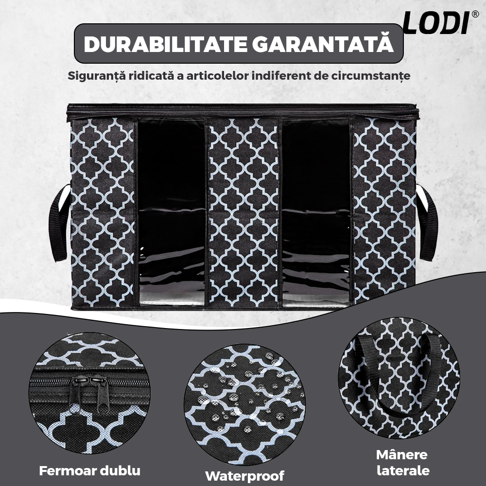 Set 3 Cutii pentru Depozitare si Organizare Lodi723, pliabile, maner ranforsat si fereastra transparenta, pliabile, pentru haine/paturi/ plapumi/ perne/ lenjerii de pat/jucarii, 100L, 63x 45x 36 cm, negru