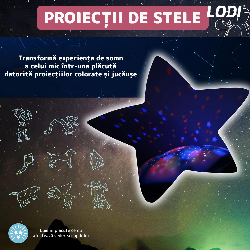 Lampa de Veghe Testoasa Lodi1423, proiector de lumini, 8 constelatii, lumina RBG, 2 cantece de adormit copiii, pufoasa si moale, mod inchidere automata, roz
