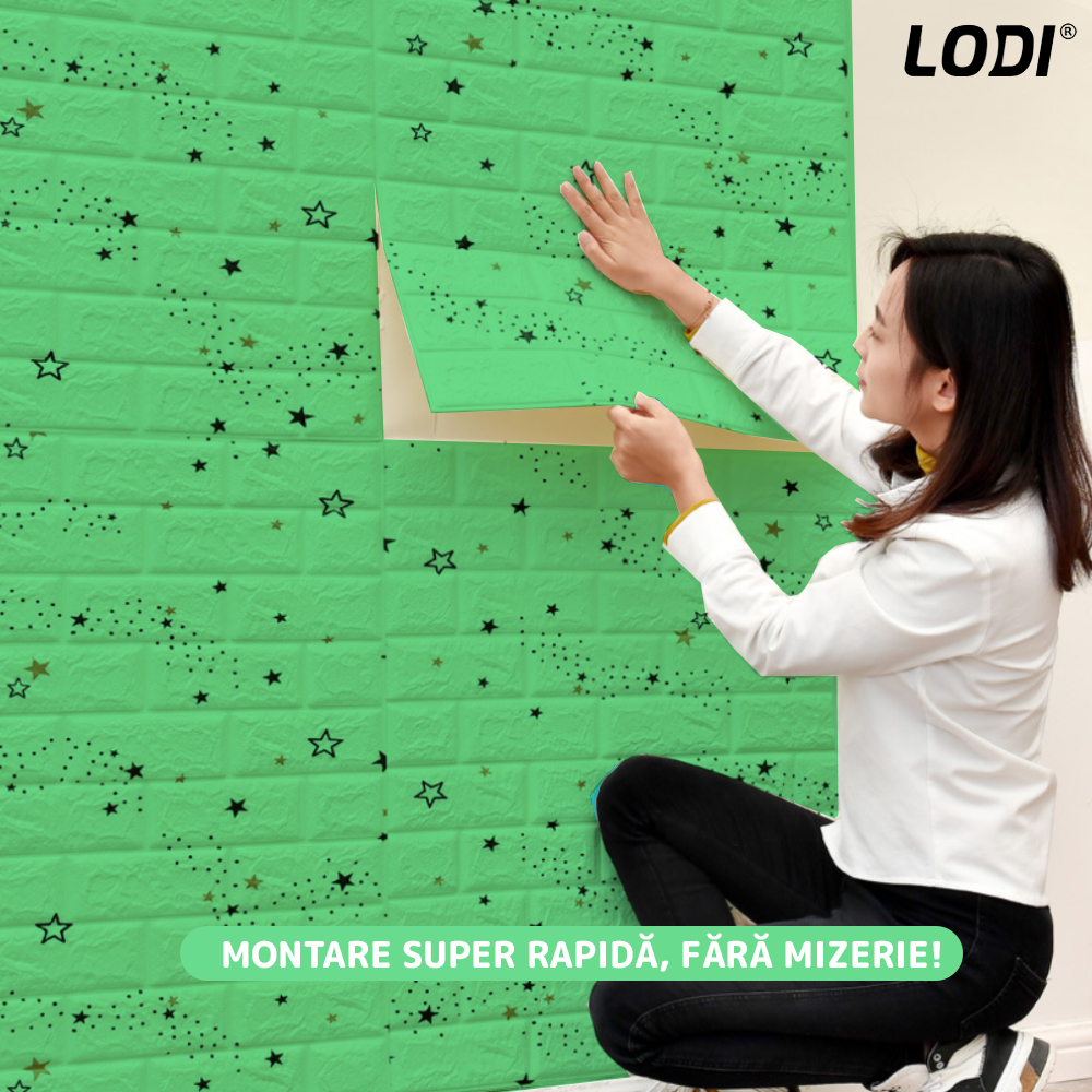 Set Tapet Caramida 3D Lodi72, model Stelute, suprafata acoperire 5.3 mp, autoadeziv, waterproof, usor de montat, design modern, 70x77 cm, verde