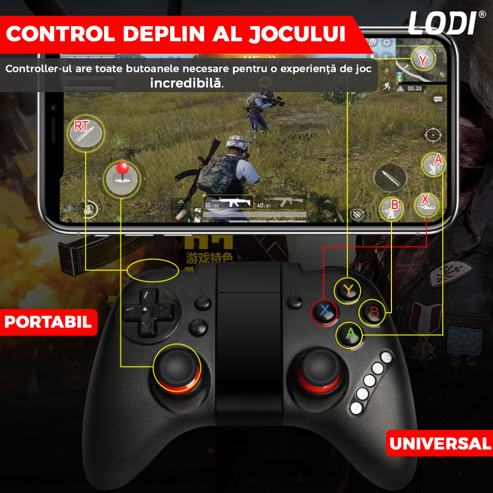 Controller Gamepad 3in1 Lodi463, Bluetooth, compatibil IOS/Android/PC, autonomie 20 ore, suport telefon reglabil, multiple functii, Negru
