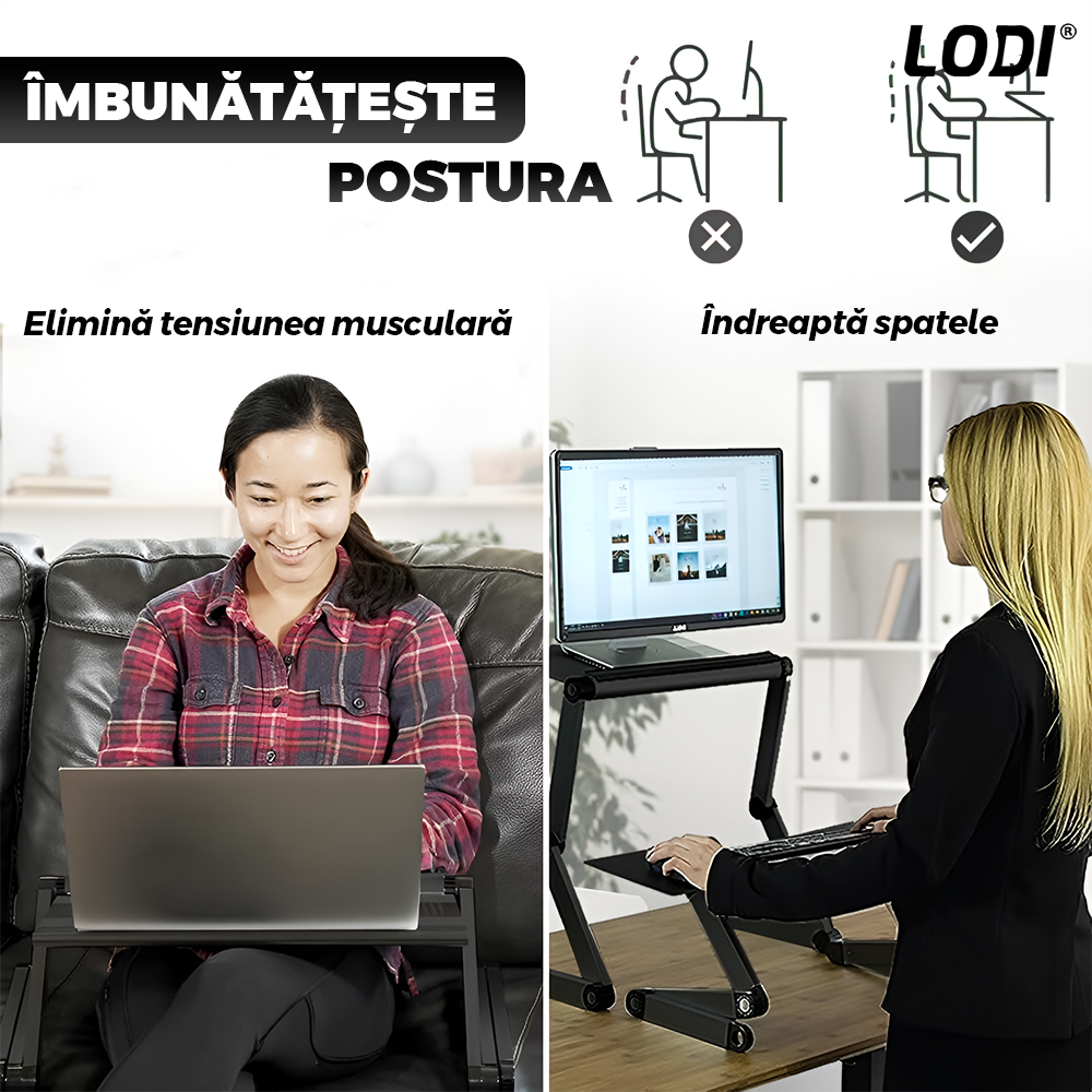 Masuta pentru Laptop 2 in 1 Lodi1451, reglabila pe inaltime, fante de aerisire, suport reglabl pentru mouse, multifunctionala, versatila, 42 x 26 cm, negru