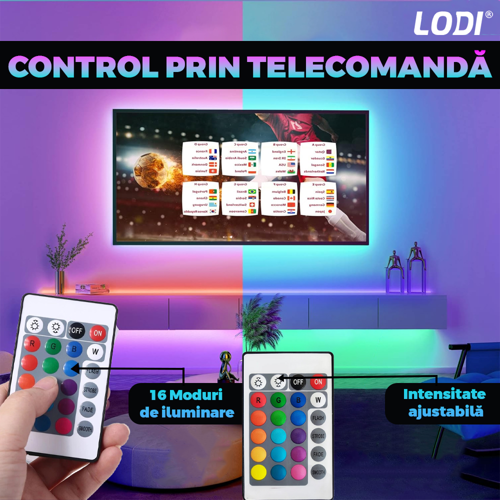 Kit Banda LED RGB Lodi414, inteligenta cu intensitate de lumina si culori reglabile, control prin telecomanda cu 24 taste, 5050RGB, utilizare exterior IP65, 10 m, multicolora
