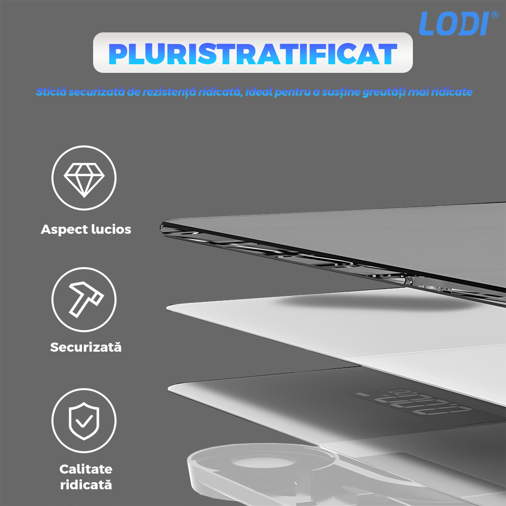 Cantar Electronic Inteligent Lodi127, pentru baie, corporal, aplicatie smart, indicator greutate/baterie/temperatura, conectare bluetooth, afisaj digital, greutate maxima suportata 180 kg, baterii incluse, alb