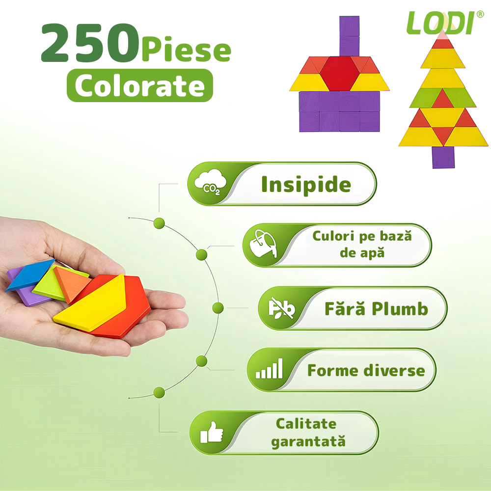 Joc Educativ din Lemn Lodi1172, Tangram cu 250 piese, 12 planse de puzzle, cifre și simboluri matematice, dezvolta inteligenta, culori non-toxice, multicolor