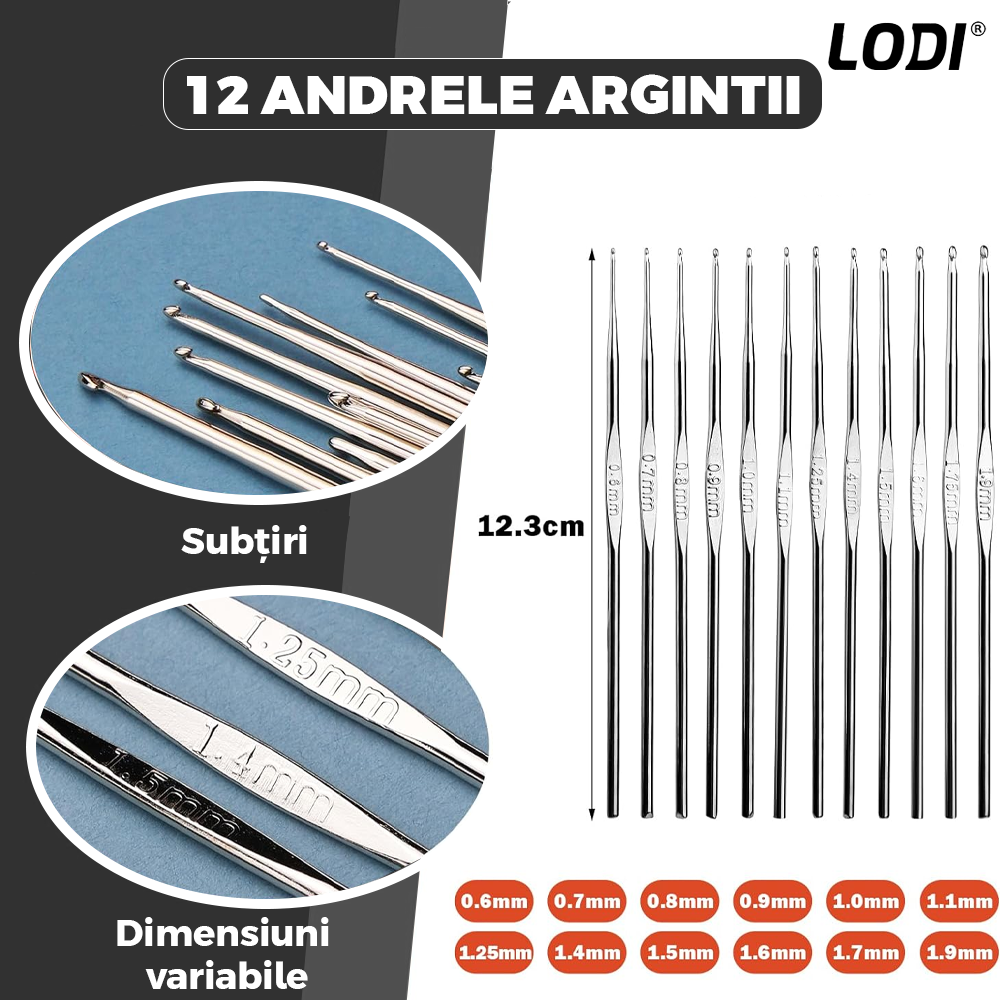 Set Profesional de Crosetat Lodi663, 100 de piese, 12 andrele subtiri argintii, 10 andrele groase multicolore, foarfeca, rigla si accesorii pentru tricotat, husa de depozitare, negru