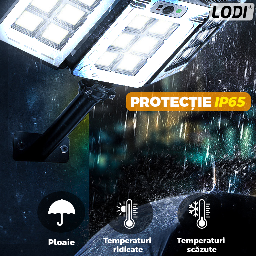 Lampa Solara Stradala 800 LED-uri Lodi862, 3 capete, control prin telecomanda, senzor de miscare, 3 moduri de iluminare, protectie IP65, Waterproof, exterior, negru