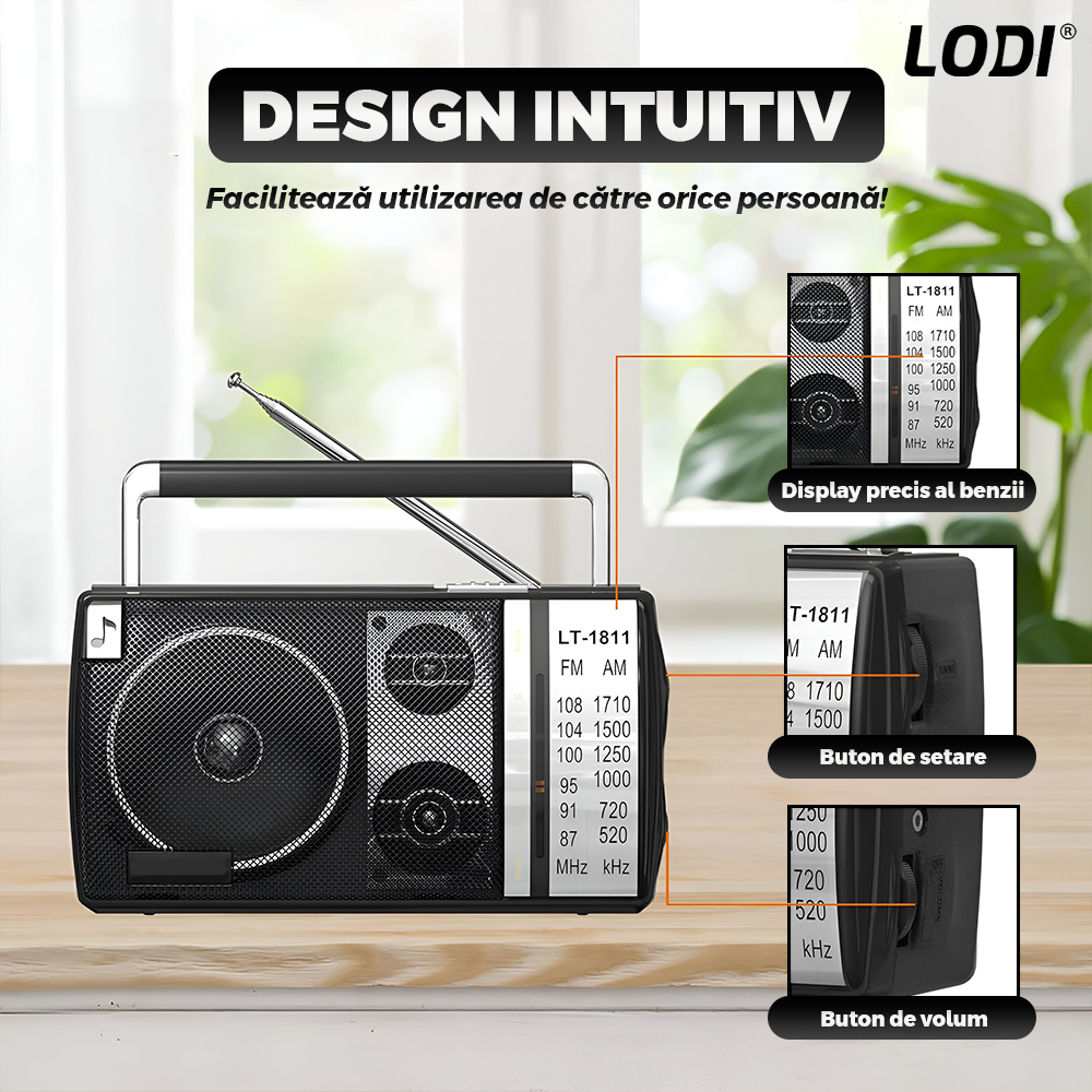 Radio Portabil Lodi1263, FM/AM, mod dual de alimentare, baterii/la priza, receptie ridicata ce prinde posturi regionale/la sate, port jack 3.5 mm, negru