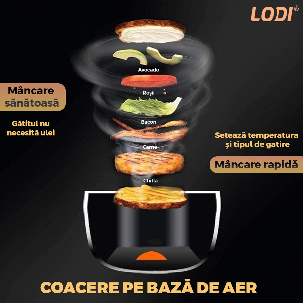 Friteuza Fara Ulei Air Fryer Lodi854, 100 tavi de copt cadou, tehnologie smart sensing, programe smart chef automate, afisaj digital, capacitate 4.5 L, tehnologie de eliminare a grasimii, functie de pastrare la cald,tensiune alimentare 220 V, negru