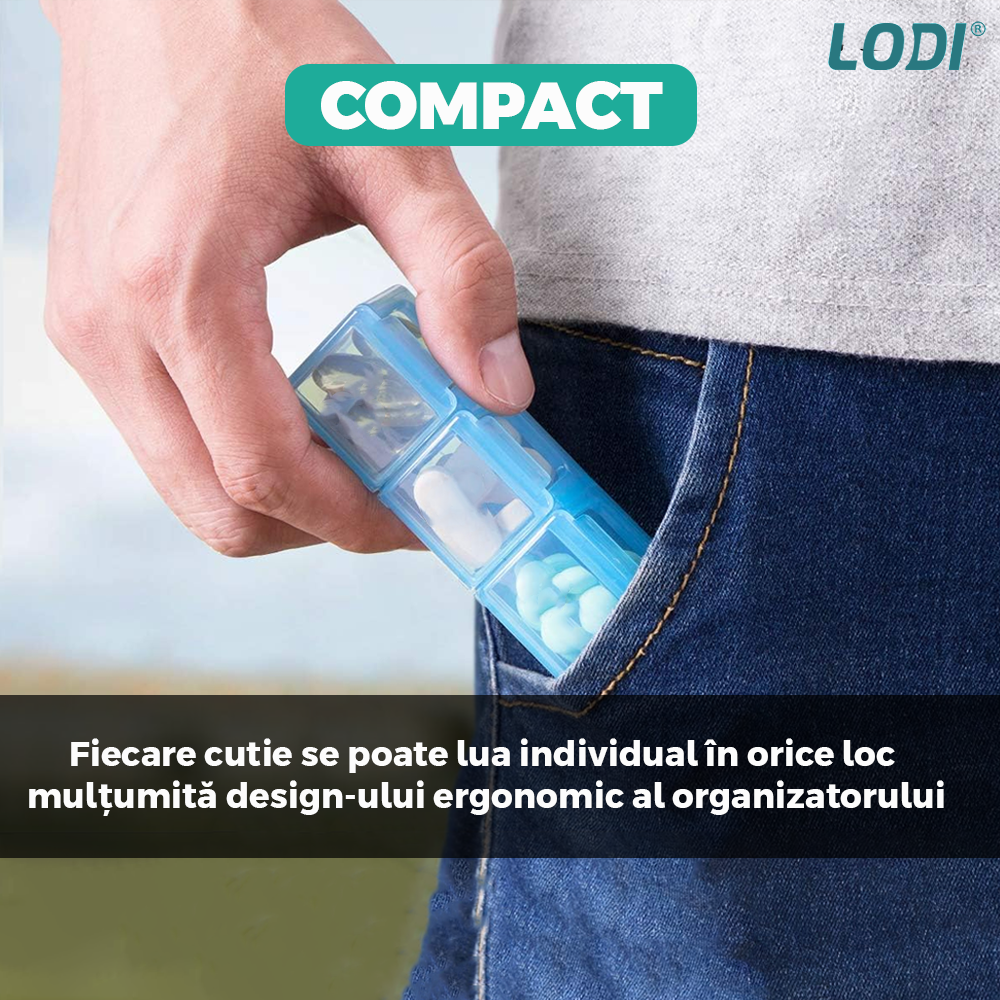 Cutie Organizatoare de Medicamente Lodi750, pastile si vitamine, 7 zile, recipiente detasabile cu 3 compartimente, compacta, 20 x 11 cm, multicolor