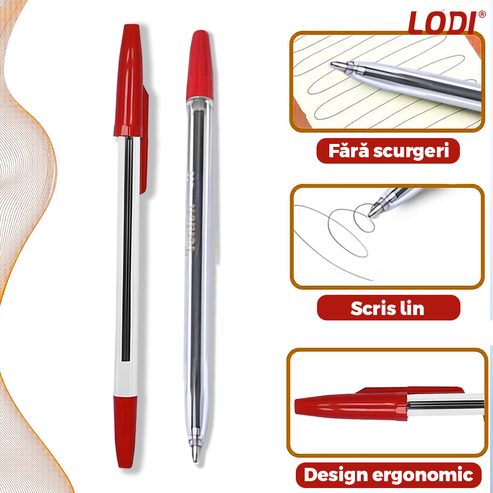 Set 50 de Pixuri Lodi1510, tip ballpoint, material rezistent, durabile, rezistente in timp, cap 0.7 mm, scriere neteda cu uscare rapida, cu capac, corp de plastic, rosu