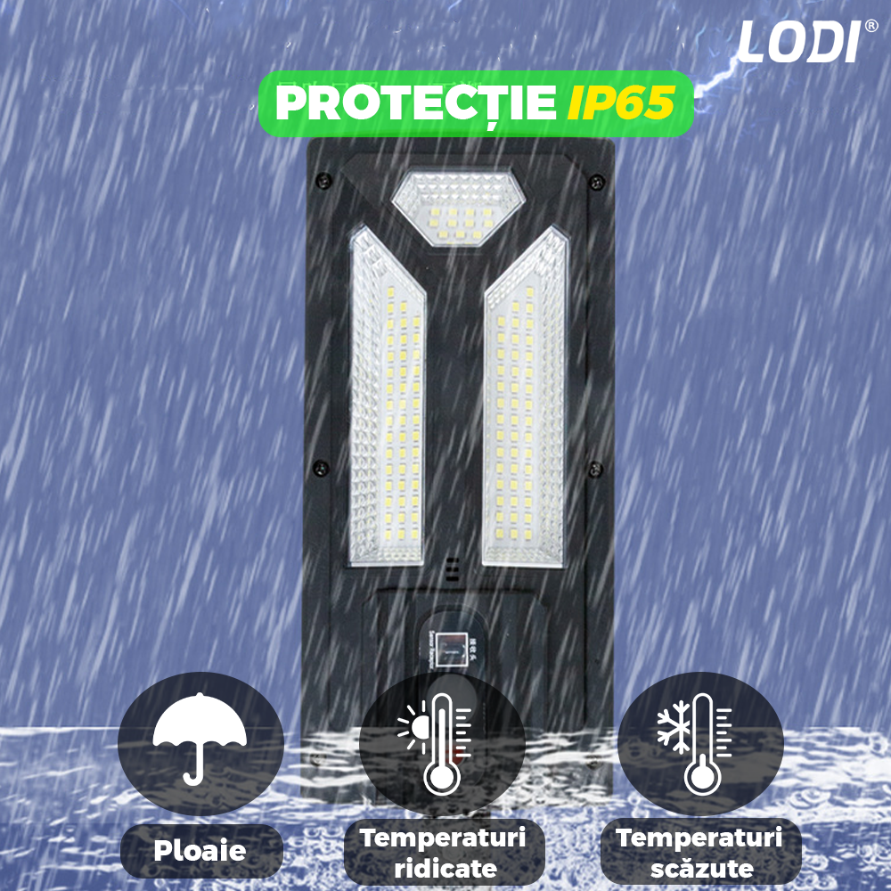 Lampa Solara Stradala 102 LED-uri Lodi881, control prin telecomanda, senzor de miscare, 3 moduri de iluminare, protectie IP65, Waterproof, exterior, negru