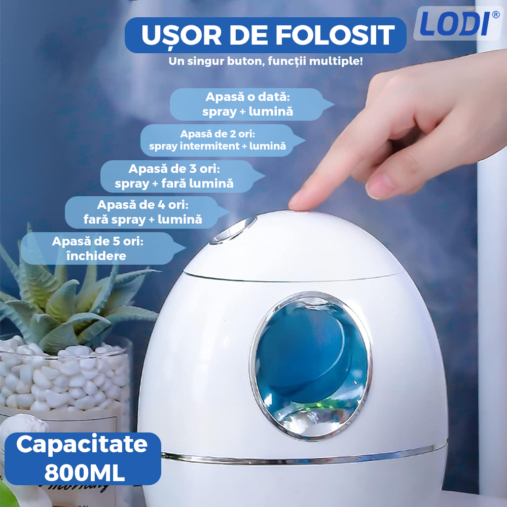 Difuzor Aromaterapie Lodi606, cu ultrasunete, design minimalist, 7 culori LED, 2 moduri de eliberare a aerului, capacitate 8000ml, silentios, umidifica aerul, alb