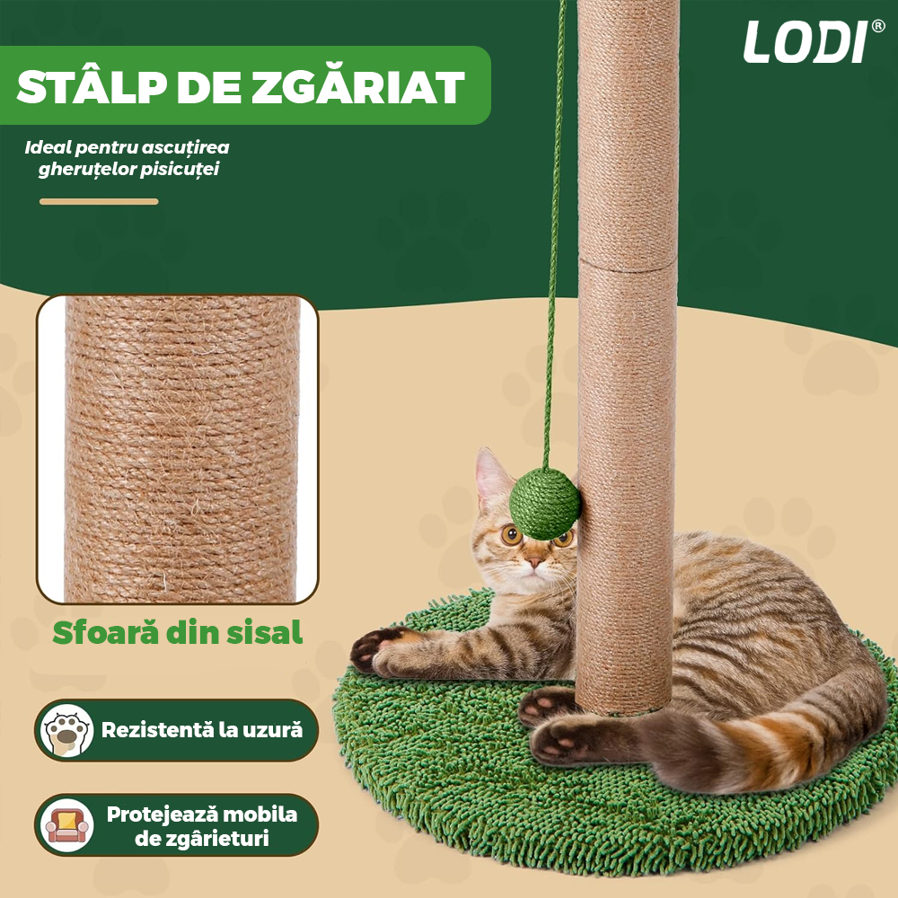 Ansamblu de Joaca pentru Pisici in Forma de Palmier Lodi1142, tip turn, 1 nivel, franghie si mingiute de joaca, stalpi pentru zgariat, captuseala extra moale, structura stabila, 85 cm, verde