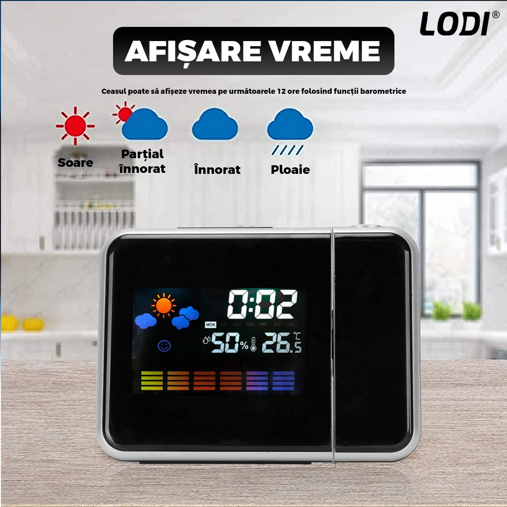 Ceas cu Proiector Multifunctional Lodi1499, statie meteo, higrometru, wireless, afisaj digital, proiector rotativ la 180°, predictie vreme 12 ore, 15 x 11 x 2.5 cm, negru