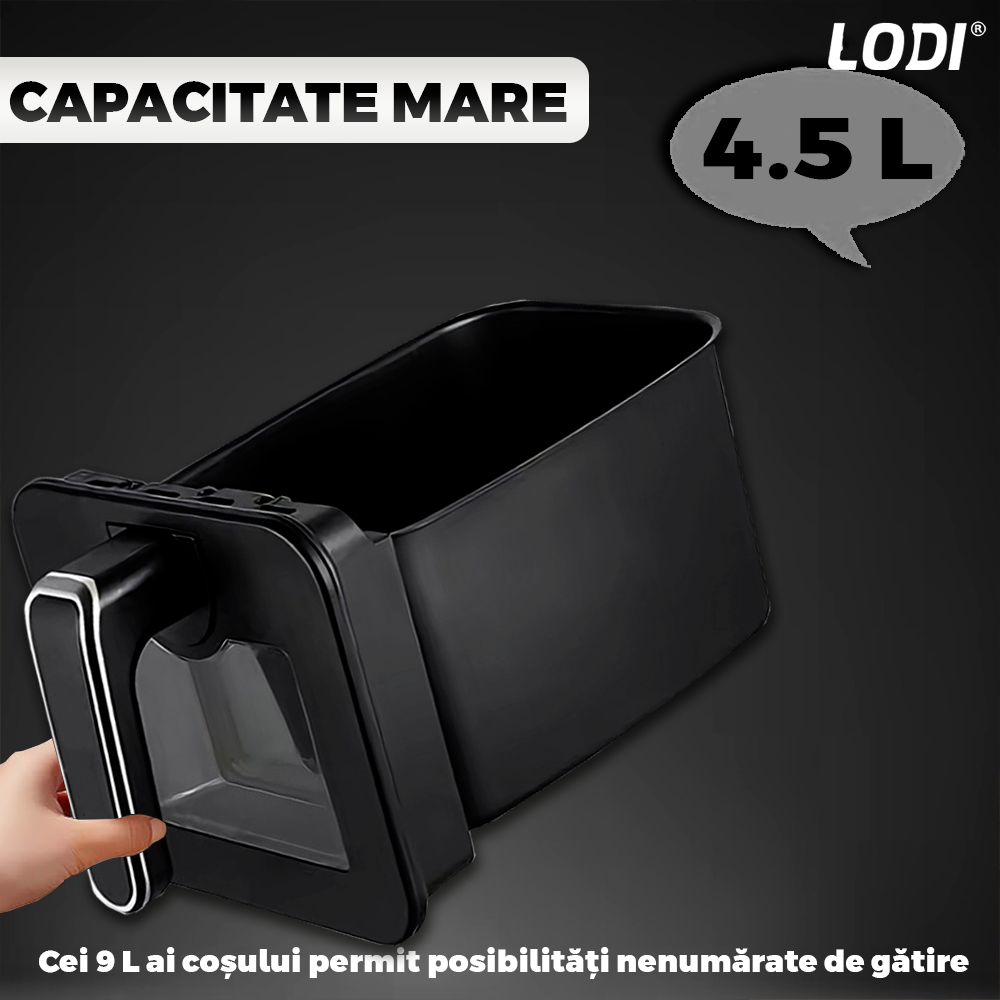 Friteuza Dubla Fara Ulei Air Fryer Lodi1067, tehnologie smart sensing, programe smart chef automate, afisaj digital, capacitate 10 L, tehnologie de eliminare a grasimii, functie de pastrare la cald,tensiune alimentare 240 V, culoare negru