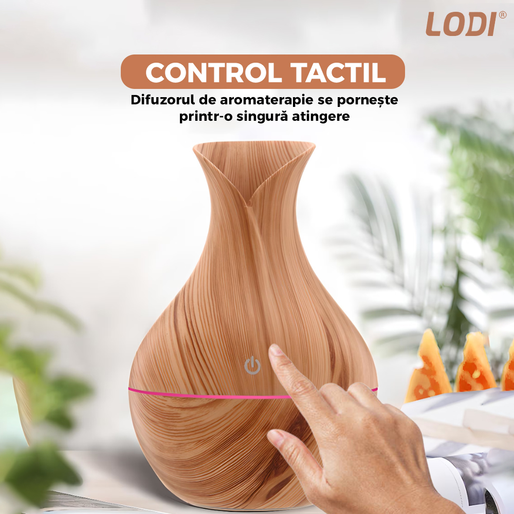 Difuzor Aromaterapie Lodi219, lumini ambientale, control tactil, capacitate 200ml, silentios, rezerva inclusa, alimentare USB, umidifica aerul, stejar deschis