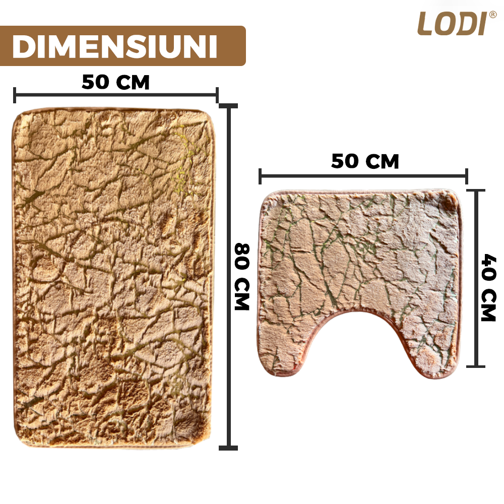 Set 2 Covorase de Baie Lodi448, anti-derapante, material moale, design modern, finisaj auriu, Model 18, 80x50 & 50x40cm, maro