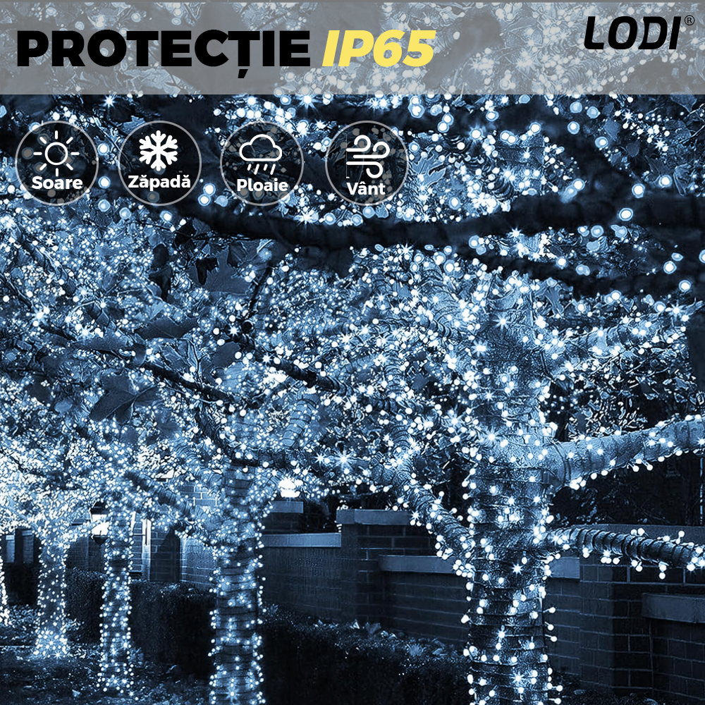 Instalatie de Craciun Liniara Lodi1435, 240 LED-uri, 8 jocuri de lumini, alimentare la priza, interior/exterior, rezistenta la apa, 50 m, alb rece