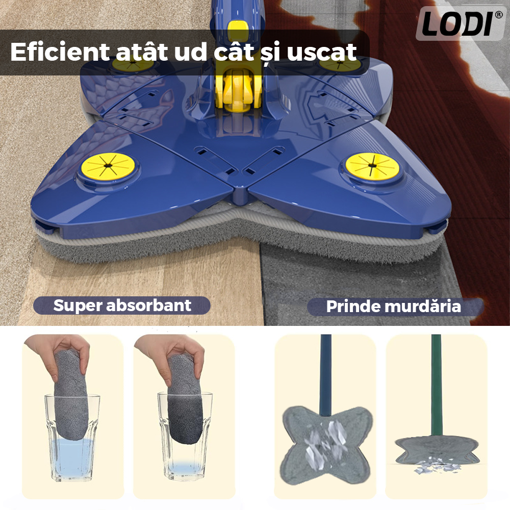 Mop cu Cap in Forma de Stea Lodi552, rotire 360 grade, telescopic, curatare usoara, 4 lavete incluse, 123 cm, albastru/galben