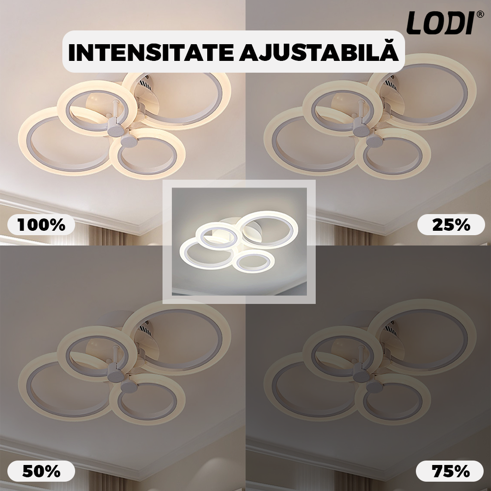 Lustra LED 4 Cercuri Lodi425, dimabila cu telecomanda, 3 tipuri de lumina, intensitate ajustabila, lumina alba rece, neutra, alba cald, putere 110 W, 55 cm