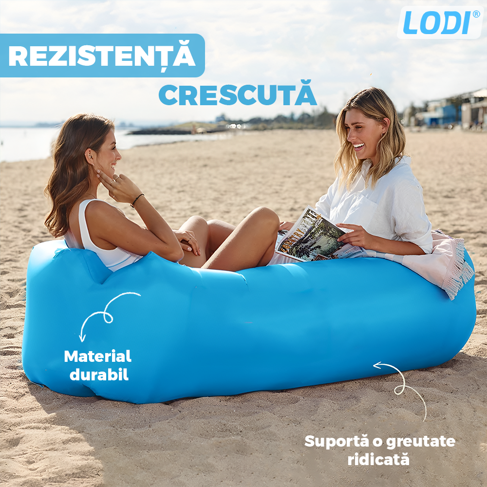 Saltea Gonflabila Tip Sezlong Lazybag Lodi1231, material rezistent, umflare fara pompa, pentru plaja/picnic/camping, rucsac de depozitare, 190 x 70 cm, albastru
