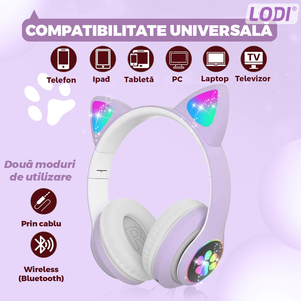 Casti Wireless Model Pisica Lodi947, STN-28, overear, urechi de pisica cu iluminare RGB, bluetooth 5.0, handsfree, HiFi, bass stereo, lila