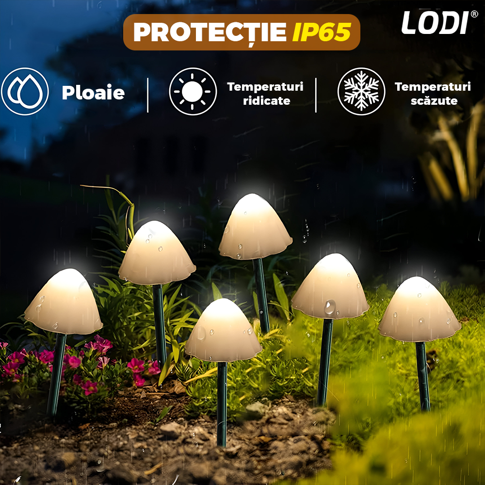 Set 10 Lampi Solare Tip Ciuperca Lodi1261, ghirlanda cu fixare la sol, panou solar, protectie Ip 65, aspect realistic, becuri LED, 8 moduri de iluminare, alb cald