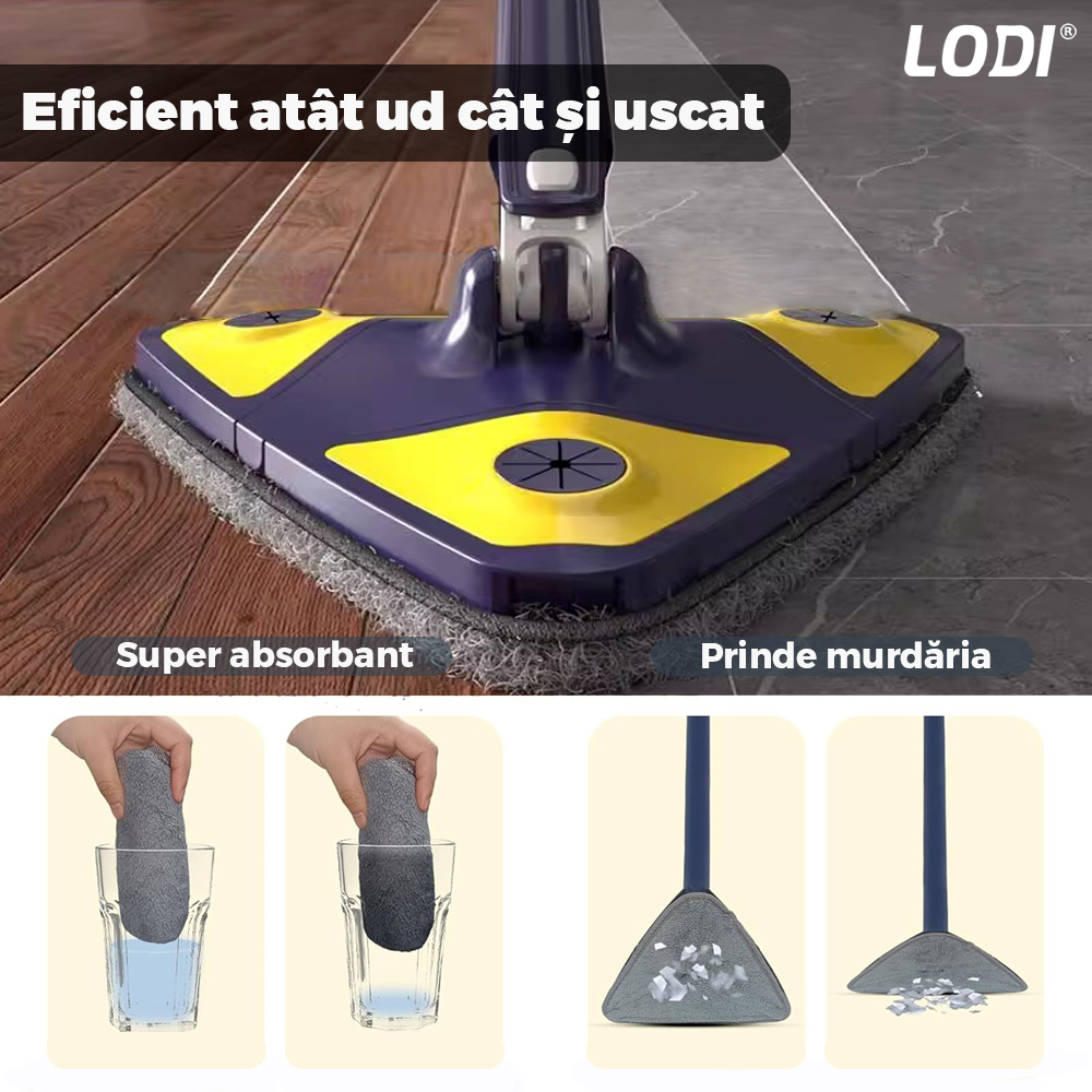 Mop cu Cap Triunghiular Lodi1145, rotire 360 grade, telescopic, curatare usoara, 2 lavete incluse, 127 cm, albastru/galben deschis