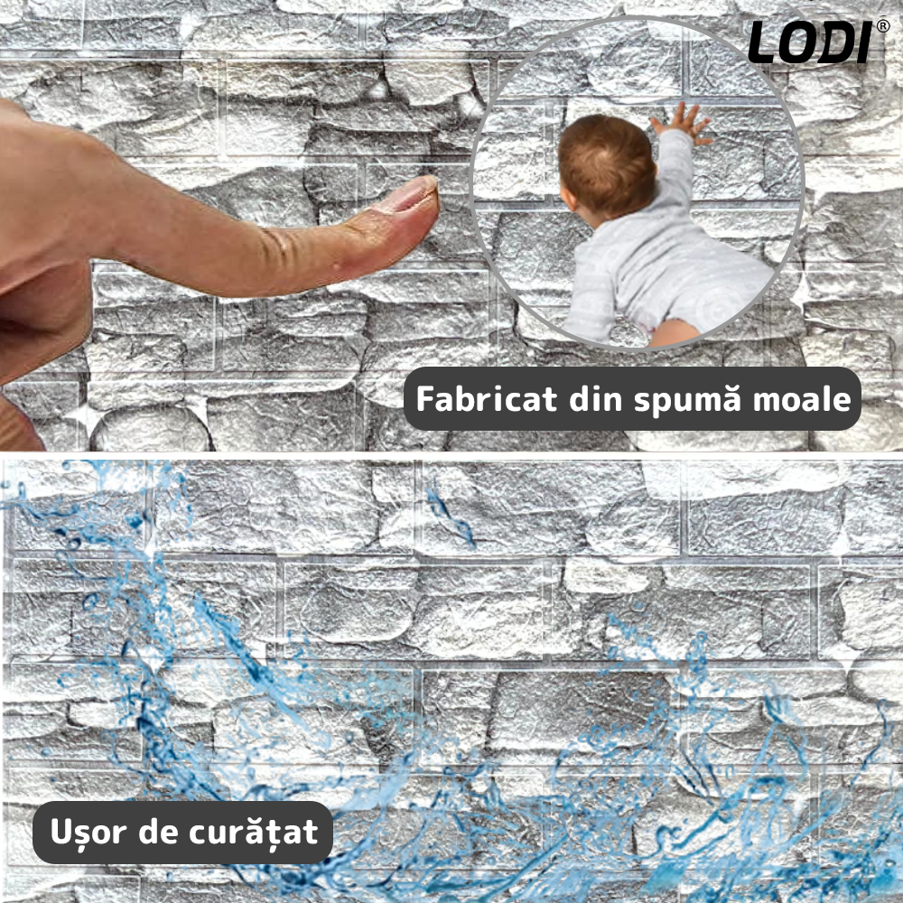 Set Tapet Caramida 3D Lodi243, Model Piatra Rotunda, suprafata acoperire 5.3 mp, autoadeziv, waterproof, usor de montat, design modern, 70x77 cm, gri