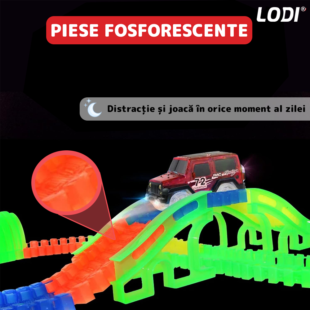Circuit Masinute Lodi517, 56 piese, pista iluminata configurabila, fosforescenta, masinuta cu lumini rosie, multicolor