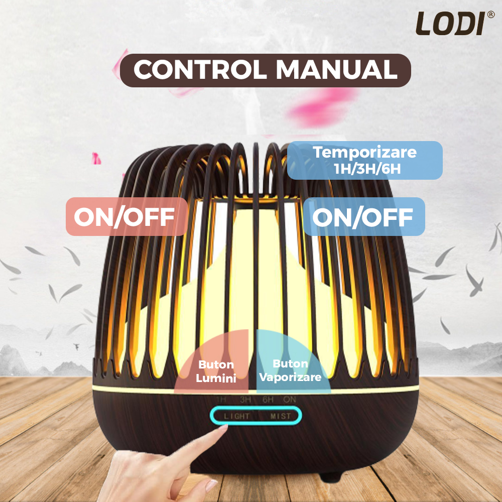 Difuzor Aromaterapie Lodi222, lumini ambientale, control manual, 3 trepte de temporizare, capacitate 500ml, silentios, umidifica aerul, stejar inchis