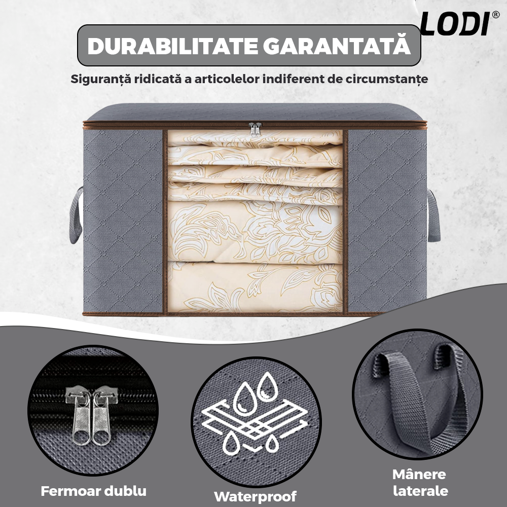 Cutie Depozitare si Organizare Mica Lodi1027, pliabila, maner ranforsat si fereastra transparenta, pentru haine/paturi/ plapumi/ perne/ lenjerii de pat/jucarii, 60 L, 46x 48x 28 cm, gri deschis