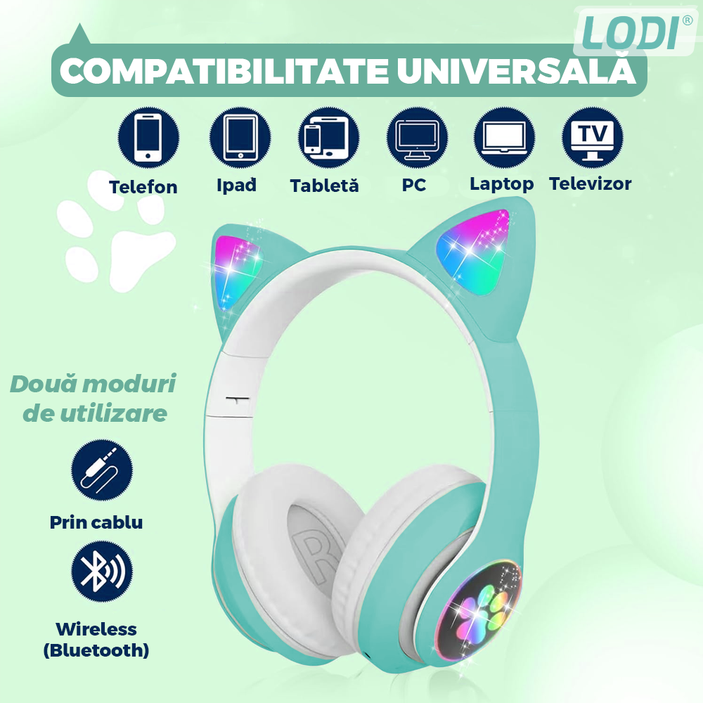 Casti Wireless Model Pisica Lodi948, STN-28, overear, urechi de pisica cu iluminare RGB, bluetooth 5.0, handsfree, HiFi, bass stereo, turcoaz