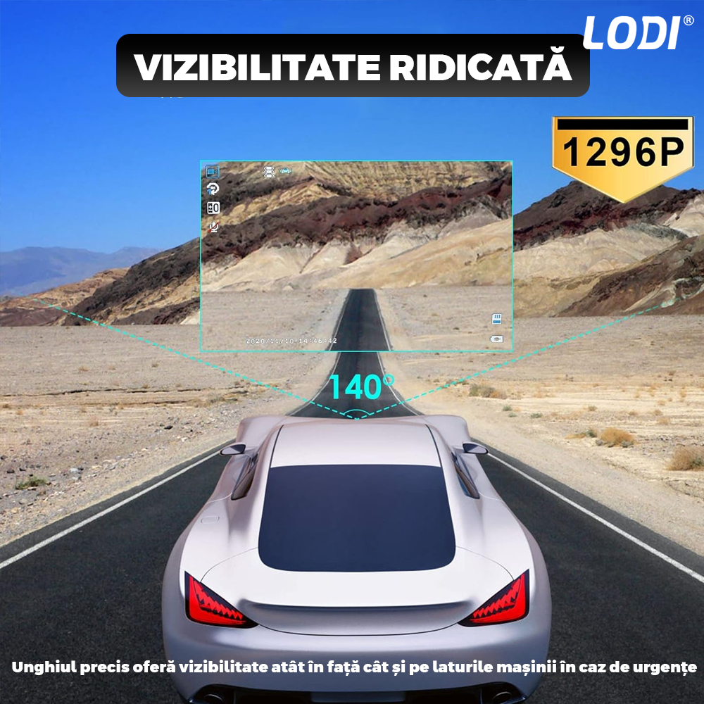 Camera Auto Tripla Lodi1498, fata, spate, interior, laterale, vizualizare unghi de 140°, camera marsarier, ecran de 4”, LED, full HD 1080p, loop recording, negru