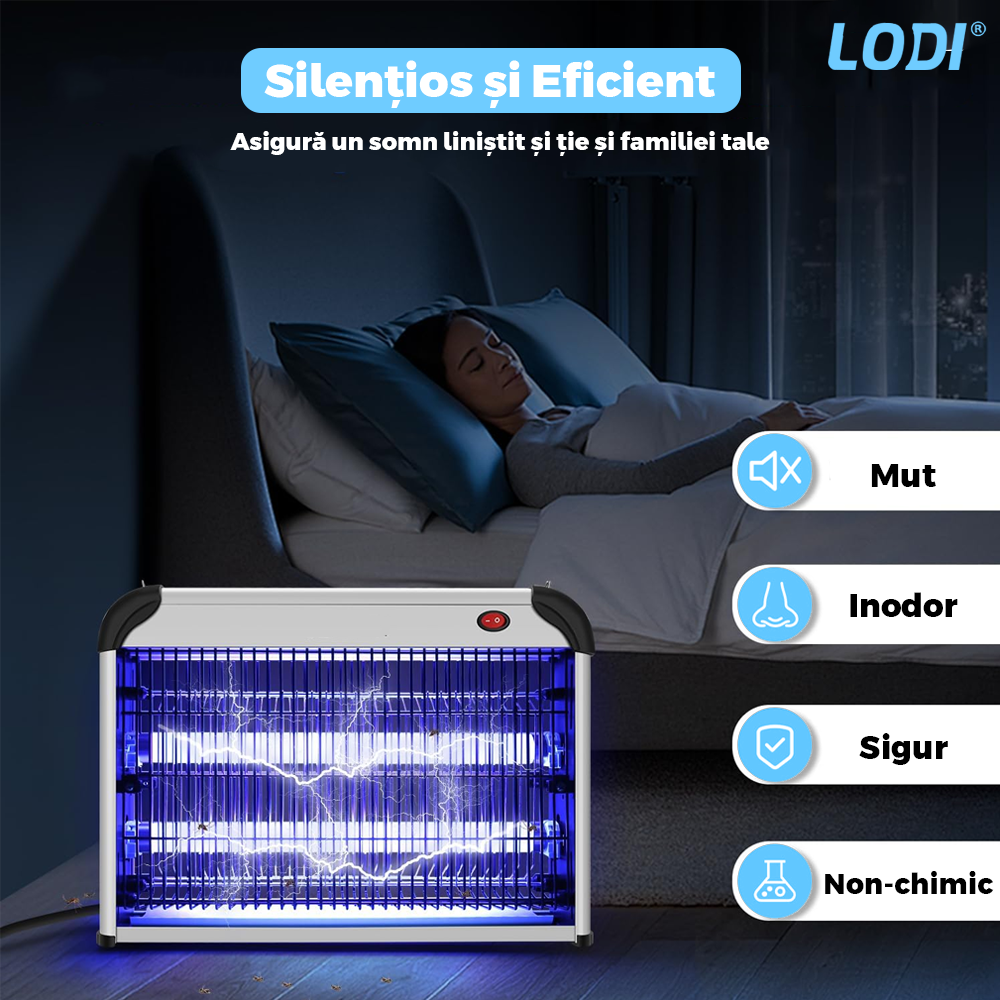 Aparat Electric Anti-Insecte Lodi1170, 4W, Insectocutor cu 2x tuburi ultraviolete, raza de actiune 200 m², unghi de propagare 360º, design modern, alb/negru