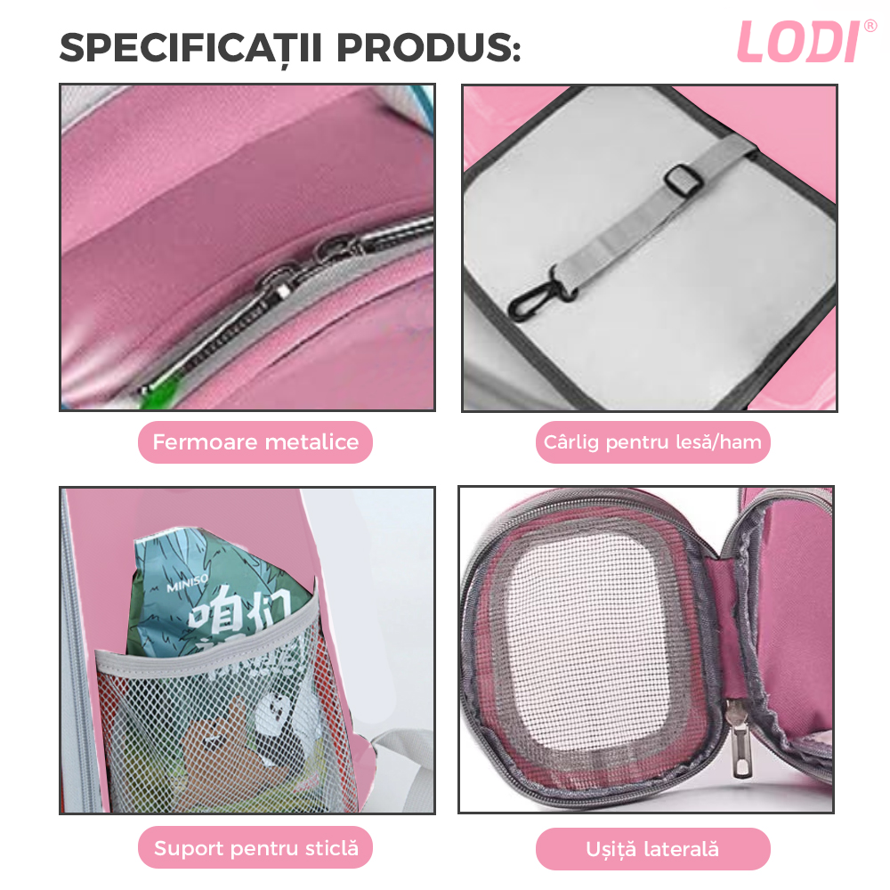 Rucsac Transport Animale Lodi373, greutate Max 7kg, hublou panoramic transparent, buzunar lateral, 2 iesiri, pentru talie mica, roz