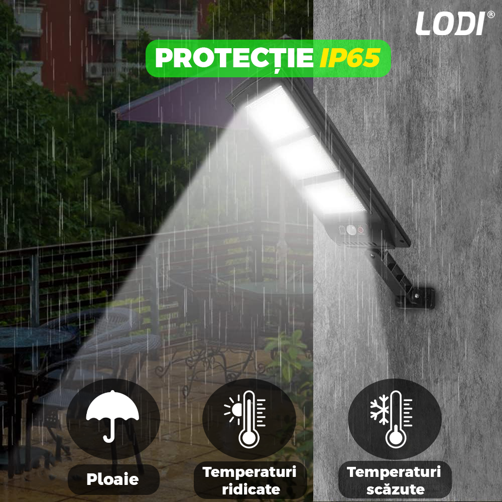 Lampa Solara Stradala 3 LED-uri Lodi882, control prin telecomanda, senzor de miscare, 3 moduri de iluminare, protectie IP65, Waterproof, exterior, negru