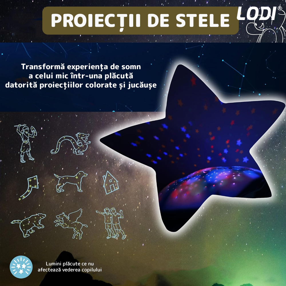 Lampa de Veghe Testoasa Lodi1415, proiector de lumini, 8 constelatii, lumina RBG, 2 cantece de adormit copiii, pufoasa si moale, mod inchidere automata, verde/maro