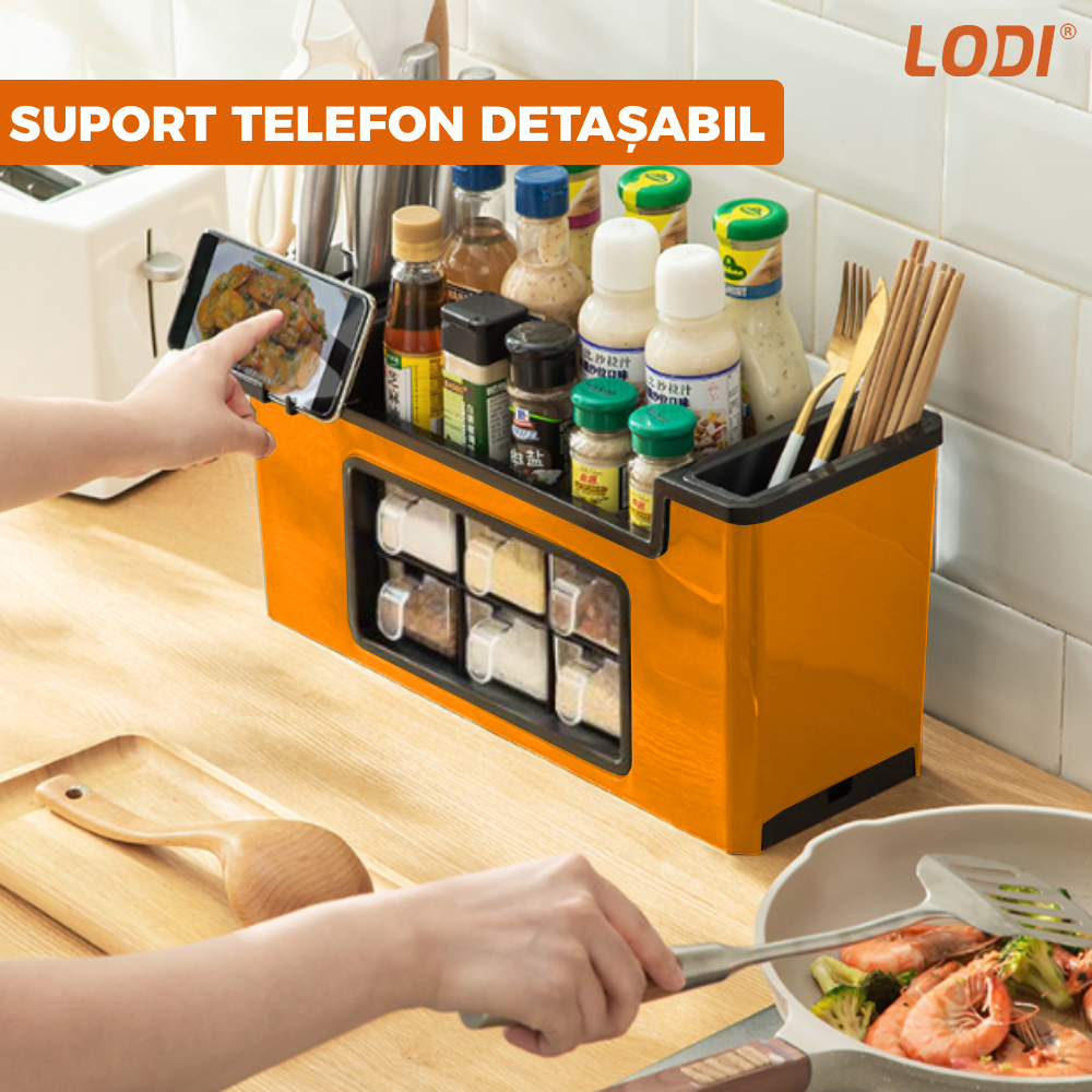 Organizator Multifunctional pentru Bucatarie Lodi601, 6 Compartimente, raft condimente, suport detasabil telefon, tavita de scurgere, suport tacamuri/ustensile, portocaliu
